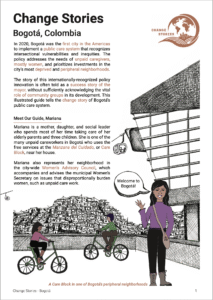 Front cover of graphic summary for Bogotá, Colombia. Depicts woman in forefront with a pop-up message that reads "Welcome to Bogotá". Background shows two people cycling near a building with the city visible behind them.